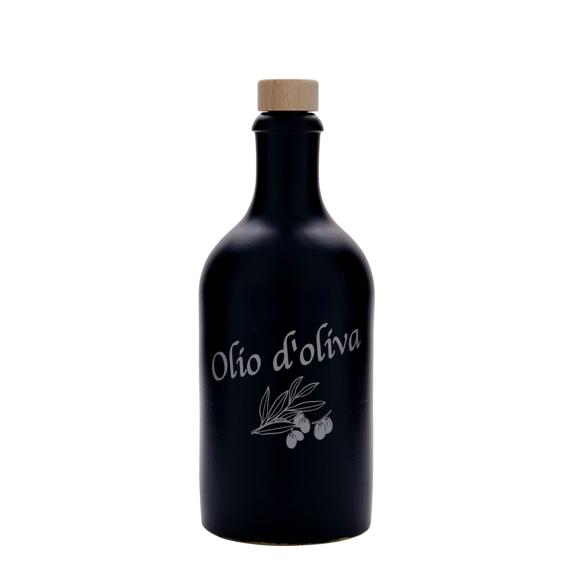 Glineni vrč 500 ml, motiv: Olio d'Oliva, keramika, crni, otvor: pluteni čep